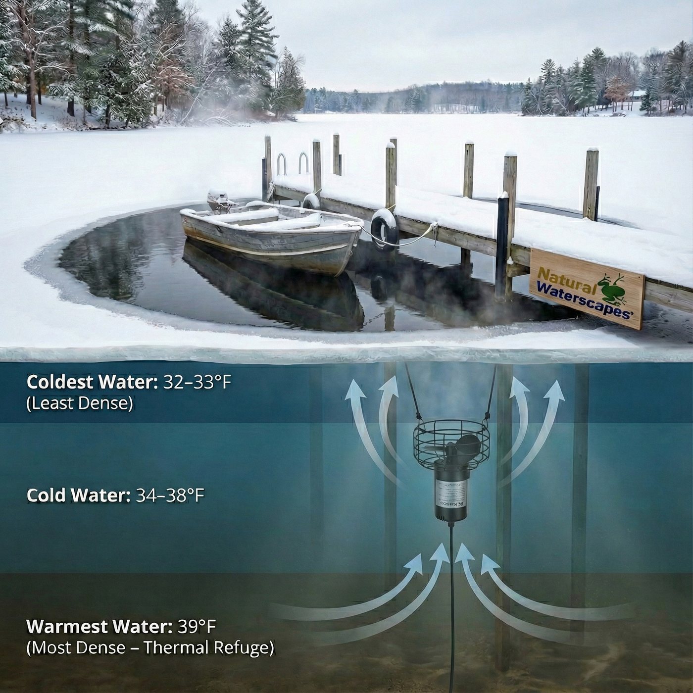 Cross-section of a frozen dock. A submerged de-icer draws water from the 39 degree F bottom layer upward, holding a pocket of open water around a moored boat while the rest of the lake stays iced over.