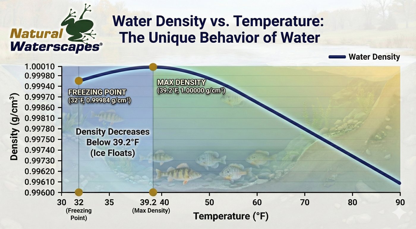 Graph of fresh water density against temperature. Density rises from 0.99984 g per cubic centimetre at the 32 degree F freezing point to a maximum of 1.00000 at 39.2 degrees F, then falls away as temperature climbs to 90 degrees F.