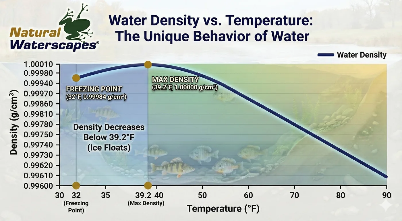Graph of fresh water density against temperature. Density rises from 0.99984 g per cubic centimetre at the 32 degree F freezing point to a maximum of 1.00000 at 39.2 degrees F, then falls away as temperature climbs to 90 degrees F.