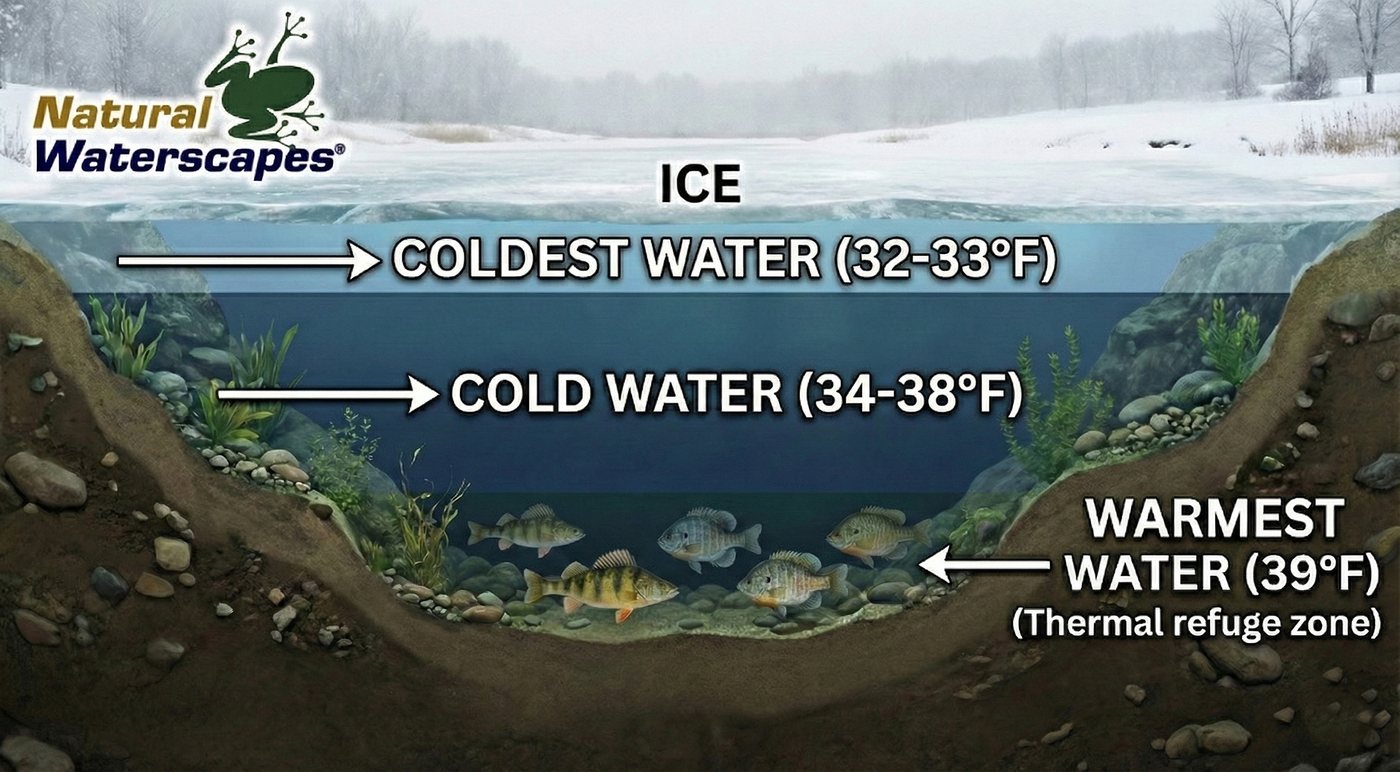Cross-section of a lake basin under winter ice, showing inverse layering: ice at the surface, coldest water at 32 to 33 degrees F beneath it, cold water at 34 to 38 degrees F in the middle, and the warmest water at 39 degrees F resting on the bottom as a thermal refuge where fish hold.