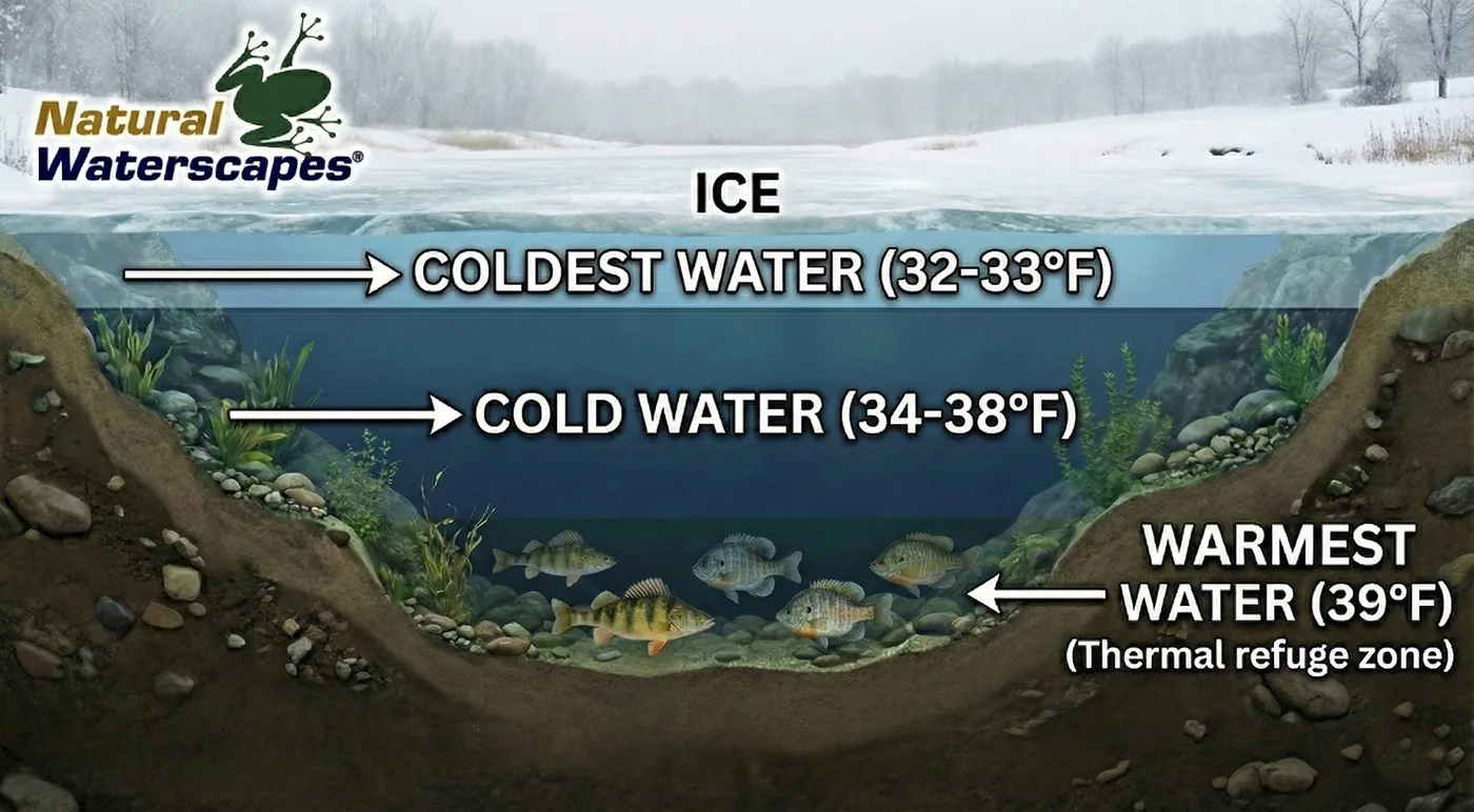Cross-section of a lake basin under winter ice, showing inverse layering: ice at the surface, coldest water at 32 to 33 degrees F beneath it, cold water at 34 to 38 degrees F in the middle, and the warmest water at 39 degrees F resting on the bottom as a thermal refuge where fish hold.